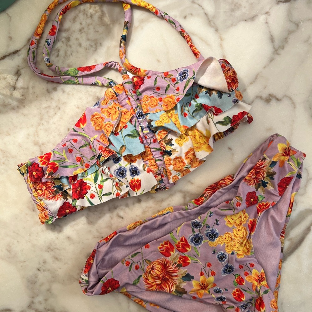 Agua Bendita Lilac Floral Swimwear Bikini with Ruffles